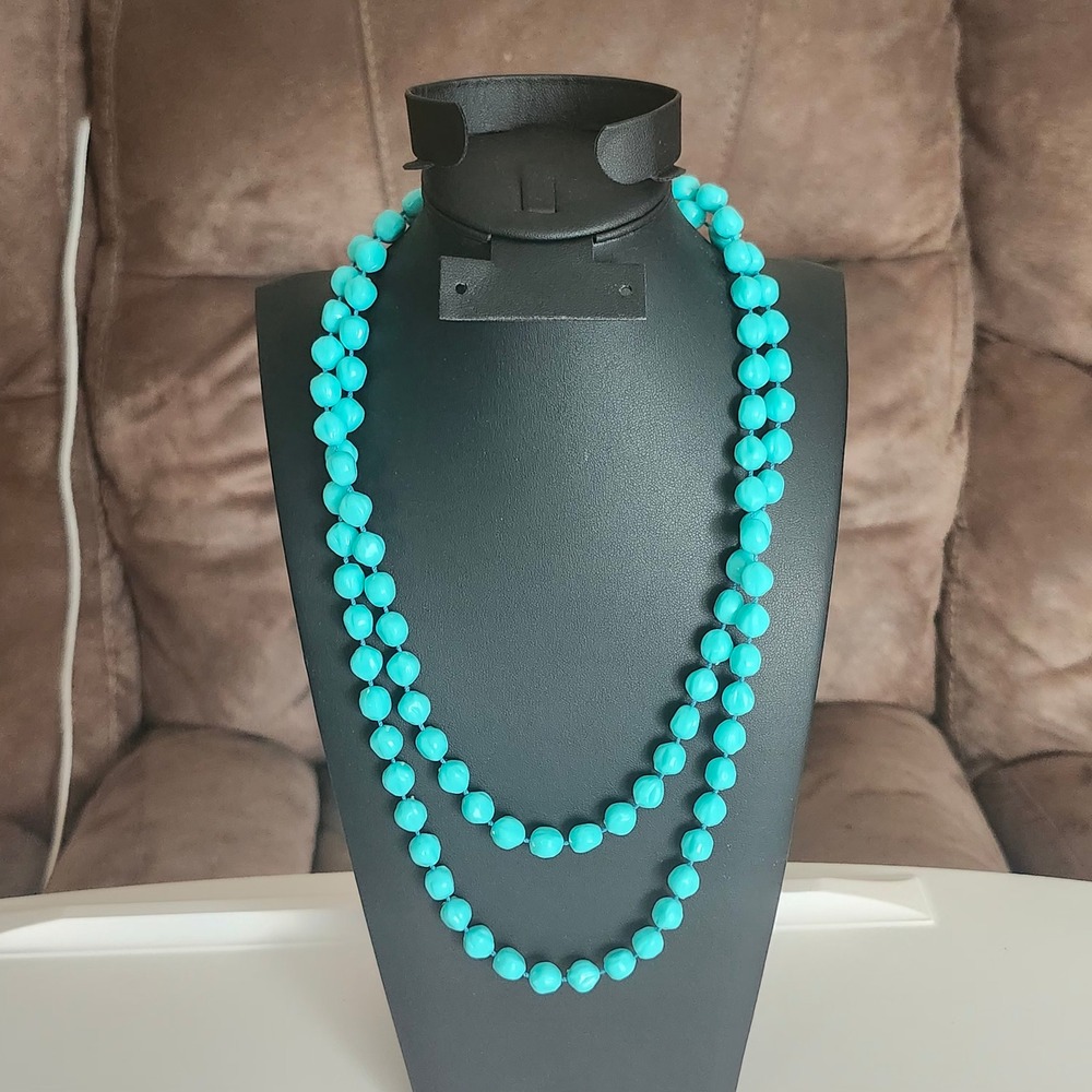 Vintage Sarah Coventry Turquoise Blue Nugget Bead Necklace 43" Long Signed Retro